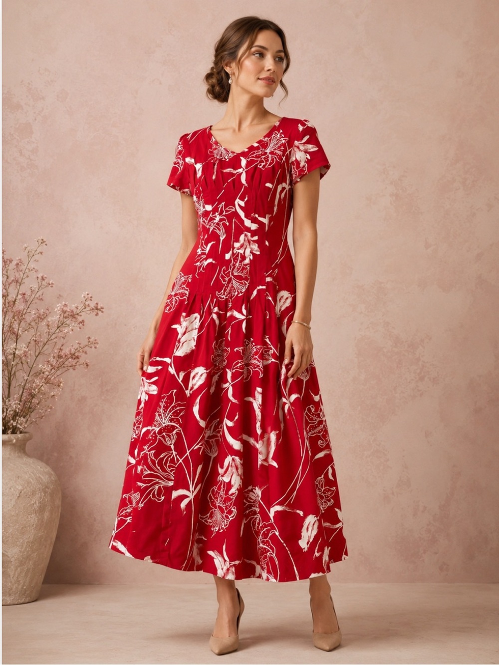 Vintage Handmade Floral Midi Dress Red Cottagecore Prairie Romantic Cotton 90s